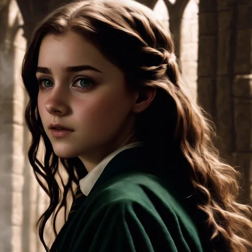 Prompt: A beautiful  brown hair , and beautiful eyes girl who attended Hogwarts and sorted into Slytherin and known as a half blood princess,  she was a disturbed girl and emotional at the same time she is brave and beautiful and most courage girl in Hogwarts her name is Eleanor 