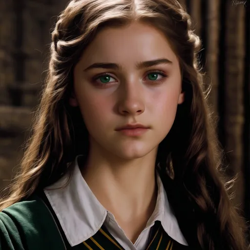 Prompt: A beautiful  brown hair , and beautiful eyes girl who attended Hogwarts and sorted into Slytherin and known as a half blood princess,  she was a disturbed girl and emotional at the same time she is brave and beautiful and most courage girl in Hogwarts her name is Eleanor 