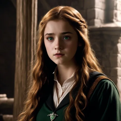 Prompt: A beautiful golden brown hair , and beautiful eyes girl who attended Hogwarts and sorted into Slytherin and known as a half blood princess,  she was a disturbed girl and emotional at the same time she is brave and beautiful and most courage girl in Hogwarts her name is Eleanor 