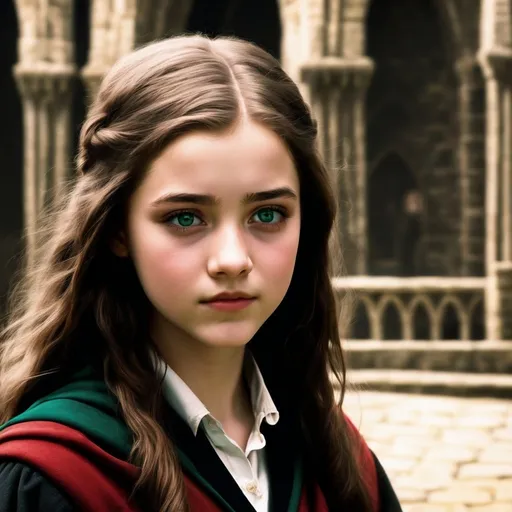 Prompt: A beautiful  brown hair , and beautiful eyes girl who attended Hogwarts and sorted into Slytherin and known as a half blood princess,  she was a disturbed girl and emotional at the same time she is brave and beautiful and most courage girl in Hogwarts her name is Eleanor 