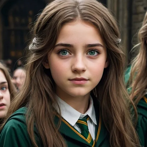 Prompt: A beautiful  brown hair , and beautiful eyes girl who attended Hogwarts and sorted into Slytherin and known as a half blood princess,  she was a disturbed girl and emotional at the same time she is brave and beautiful and most courage girl in Hogwarts her name is Eleanor 
