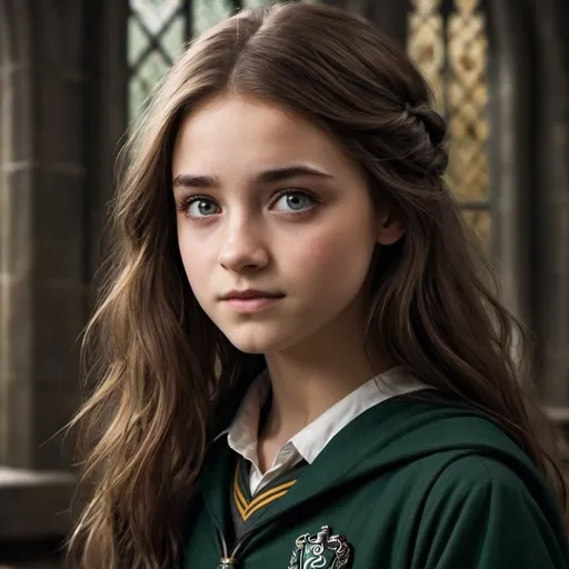 Prompt: A beautiful  brown hair , and beautiful eyes girl who attended Hogwarts and sorted into Slytherin and known as a half blood princess,  she was a disturbed girl and emotional at the same time she is brave and beautiful and most courage girl in Hogwarts her name is Eleanor 
