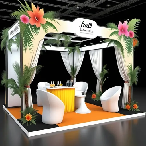 Prompt: Want to create an exhibition booth look .. stall measure 14 m length and 8 m depth. It’s a wedding show and I intend to create 8 Photo Booth ideas along with display of my products. The 8 themes are 1. Tropical  2. Sundowner 3. The French tea party 4. A royal affair 5. Quirky colordrama mehendi 6. White theme. Please create a very classy design with props and different wlements