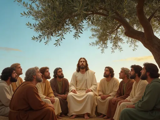 Prompt: @cm3Zwqczgq2oucedxJ0xalso known as Jesus, is sitting under an olive tree shade in an ancient Judean region with his twelve disciples surrounding him, sitting as well as they keenly listen to him as he teaches them.  The sky is calm—pale blue with hints of gold—creating a timeless, peaceful atmosphere that feels both humble and holy. The disciples are dressed in simple, earth-toned robes—browns, creams, muted greens— practical, reflecting lives shaped by fishing, travel, and labor. Some have bearded faces weathered by the sun, others appear young, listening intently. Their expressions vary: curiosity, contemplation, reverence. A few lean in as Jesus speaks, while others glance at Him with quiet awe, absorbing every word. Their body language shows deep respect and fellowship—brothers on a shared journey, not yet fully understanding the magnitude of the One sitting among them.