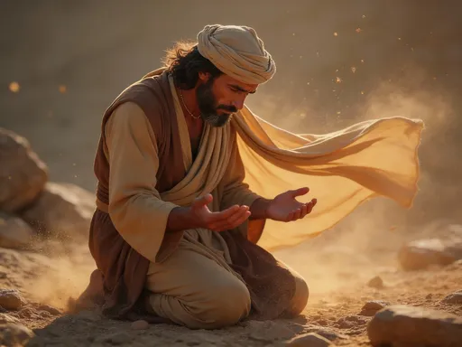 Prompt: @cIlaljJWYltetzGraD0N Habakkuk kneels on rocky ground, head bowed, hands slightly lifted. Wind moves his robe. Dust and light particles float around him.