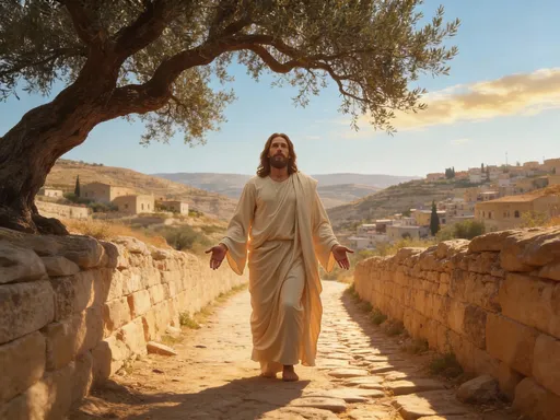 Prompt: @cm3Zwqczgq2oucedxJ0x is walking along an ancient Judean road, narrow and uneven, worn smooth by centuries of travelers. The path winds between low stone walls built from sun-bleached limestone, their rough edges catching the warm light of the late afternoon sun. An old olive tree stretches its twisted branches overhead, its silvery-green leaves gently framing the road. In the distance, rolling hills fade into a soft haze, dotted with small stone homes and a quiet village perched on the hillside. The sky is calm—pale blue with hints of gold—creating a timeless, peaceful atmosphere that feels both humble and holy.