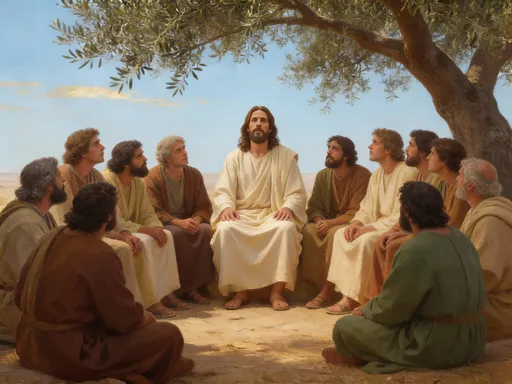 Prompt: @cm3Zwqczgq2oucedxJ0xalso known as Jesus, is sitting under an olive tree shade in an ancient Judean region with his twelve disciples surrounding him, sitting as well as they keenly listen to him as he teaches them.  The sky is calm—pale blue with hints of gold—creating a timeless, peaceful atmosphere that feels both humble and holy. The disciples are dressed in simple, earth-toned robes—browns, creams, muted greens— practical, reflecting lives shaped by fishing, travel, and labor. Some have bearded faces weathered by the sun, others appear young, listening intently. Their expressions vary: curiosity, contemplation, reverence. A few lean in as Jesus speaks, while others glance at Him with quiet awe, absorbing every word. Their body language shows deep respect and fellowship—brothers on a shared journey, not yet fully understanding the magnitude of the One sitting among them.