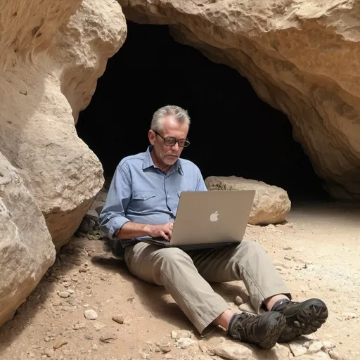 Prompt: 55 year old American typing on Computer laptop sitting on the ground of a rocky desert cave, bedoin 