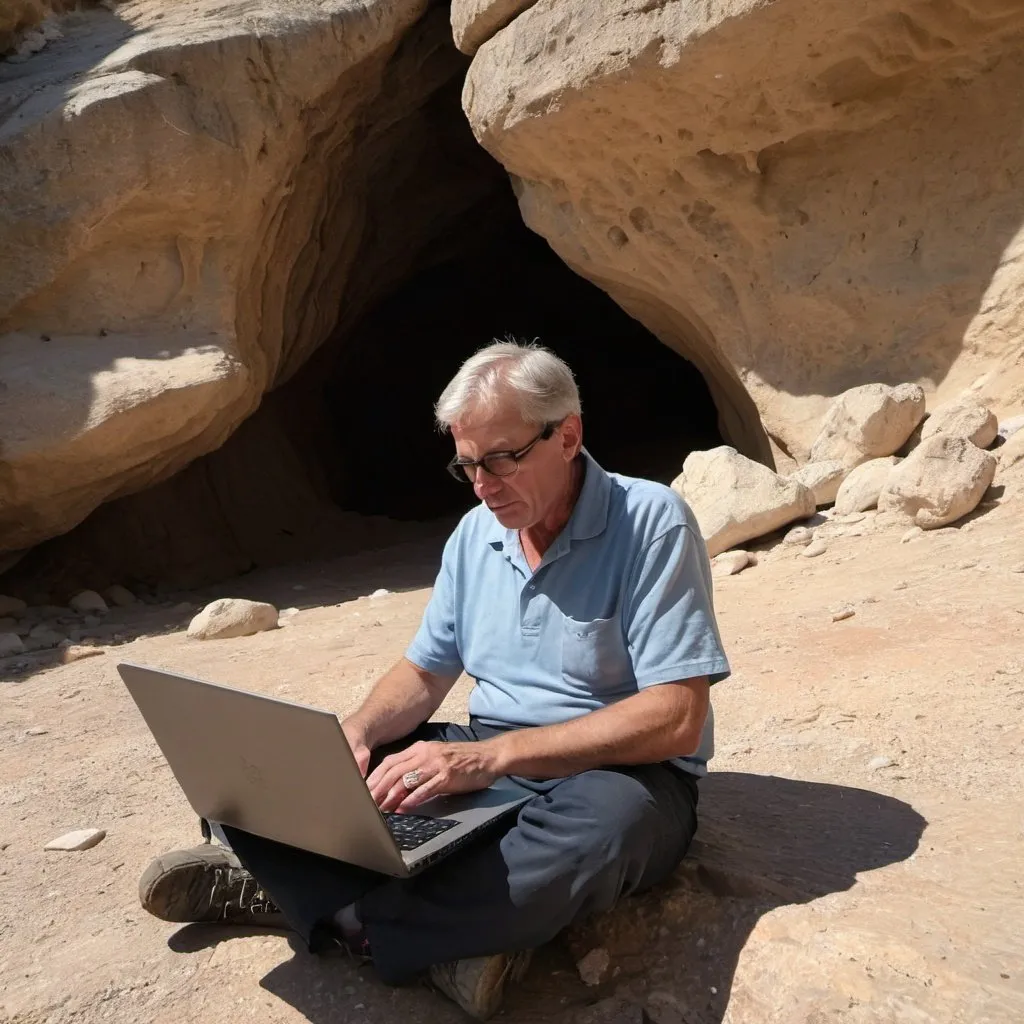 Prompt: 55 year old American typing on Computer laptop sitting on the ground of a rocky desert cave, bedoin 