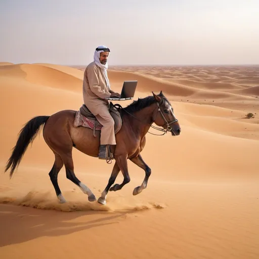 Prompt: Computer laptop riding horse in Sahara desert, 55 year old man