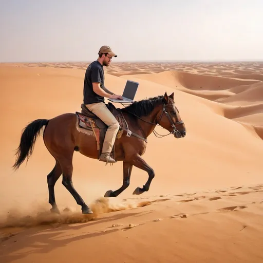 Prompt: Computer laptop riding horse in Sahara desert