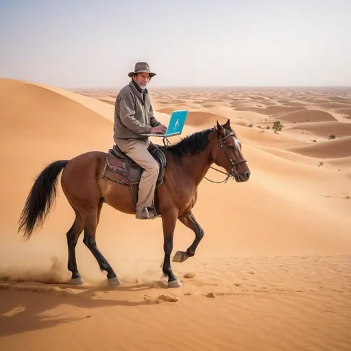 Prompt: Computer laptop riding horse in Sahara desert, 55 year old American man