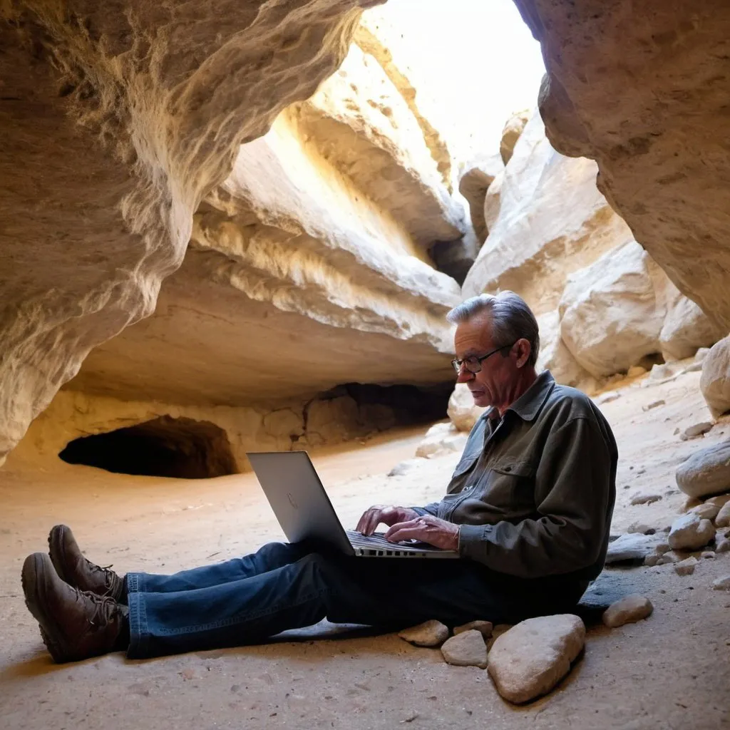 Prompt: 55 year old American typing on Computer laptop sitting on the ground of a rocky desert cave, bedoin 