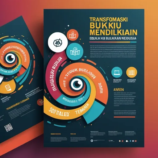 Prompt: design a poster for a seminar program. The title is TRANSFORMASI BUKU TEKS MENELUSURI EVOLUSI PENDIDIKAN.