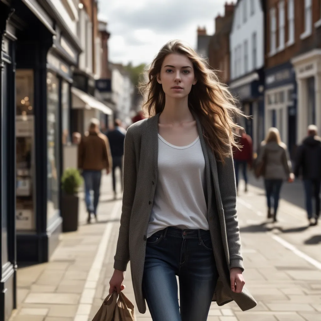 Prompt: Tall young woman walking down the high street, detailed clothing, realistic, natural lighting