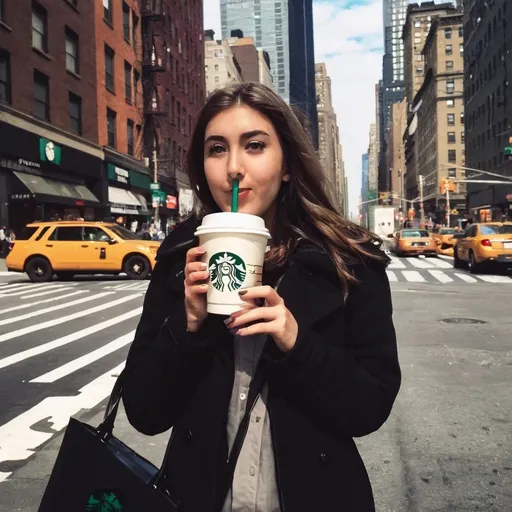 Prompt: Girl drinking Starbucks in newyork city
