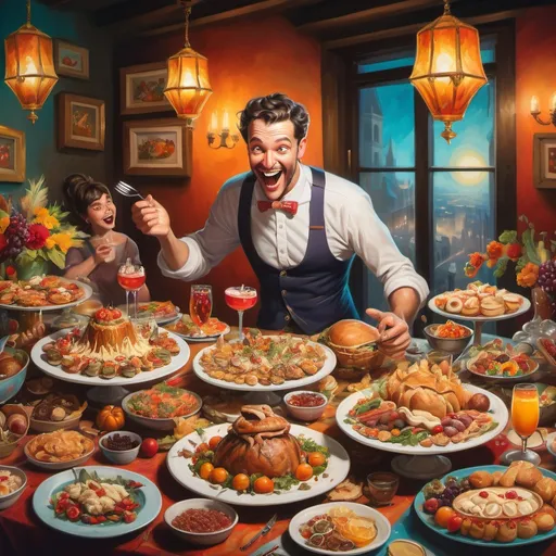 Prompt: (a man eating a large feast), (overloaded table with food), cheerful ambiance, expressions of delight and surprise, vibrant colors, dynamic scene conveying indulgence, atmospheric richness, high quality, ultra-detailed, whimsical elements such as scattered appetizers and overflowing drinks, soft natural lighting enhancing the joyful atmosphere.