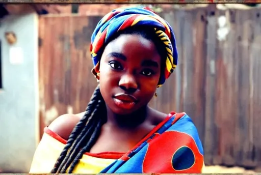 Prompt: An Mozambican woman with strong and expressive features, dressed in traditional Capulana clothing from African culture. Her hair is adorned with intricate African-style braids, showcasing pride and a deep connection to her African roots. She is looking directly ahead, with a confident and determined expression, symbolizing the strength and resilience of Mozambican women on Mozambican Women's Day.
