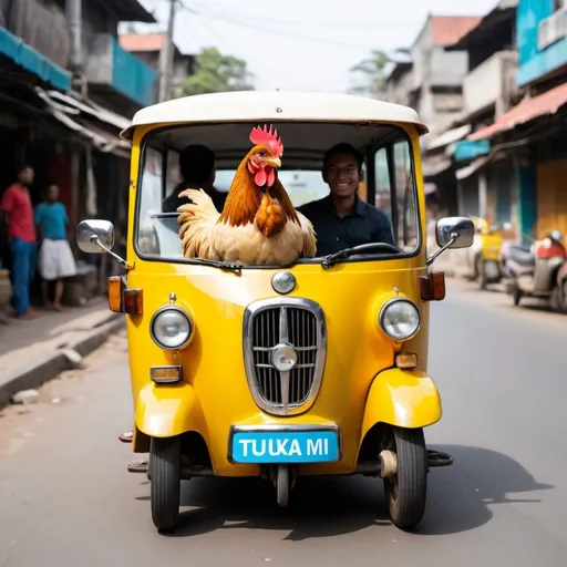 Prompt: Generate me logo with chicken driving a tuk tuk. No background. 