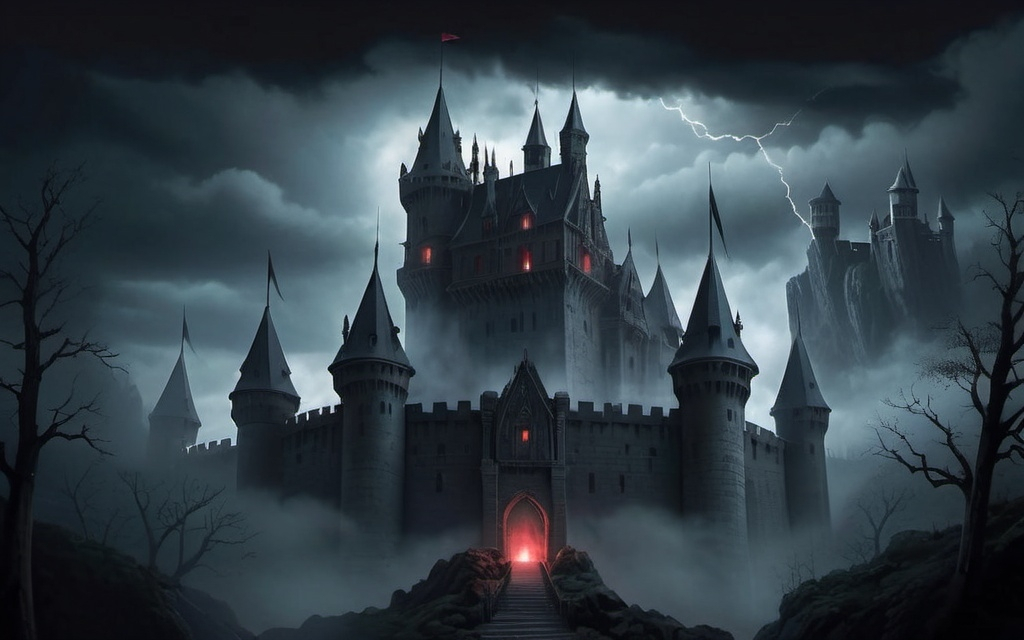 Prompt: A very large and tall medieval, dark, ominous castle on a cliff by the sea, one red eye in the center-top of the castle. Watchtowers surround the castle, and dead trees surrounding the outside, a dark cloudy sky and slightly foggy, and on the roof of the castle has a thick, holy, white geyser-like beam piercing straight up into the sky.