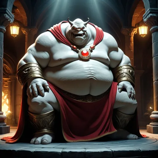 Prompt: Huge obese ugly ogre, demonic, obese, hideous, fat, pale, shark teeth, glowing red eyes, sickly pale white  skin. highres, huge belly, fat, obese, red robes, red tunic, finger claws, detailed, magic medallion, fantasy, dark tones, dramatic lighting, lush environment, intense gaze, sitting in a royal throne room in dark castle 