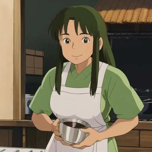 Prompt: Filipina bakery girl with matcha green apron and white uniform under it, dark brown long hair and brown eyes, light tan skin color, body turned slightly right, warm and cozy lighting, grown up, adult, smiling, beautiful anime eyes
