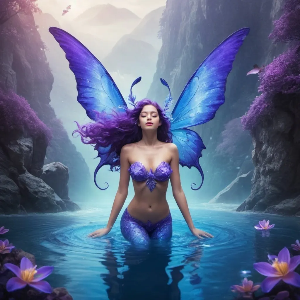 Prompt: Sirena violeta y azul en el agua con alas de mariposa mágica que esconde la cara detrás de ls montañas