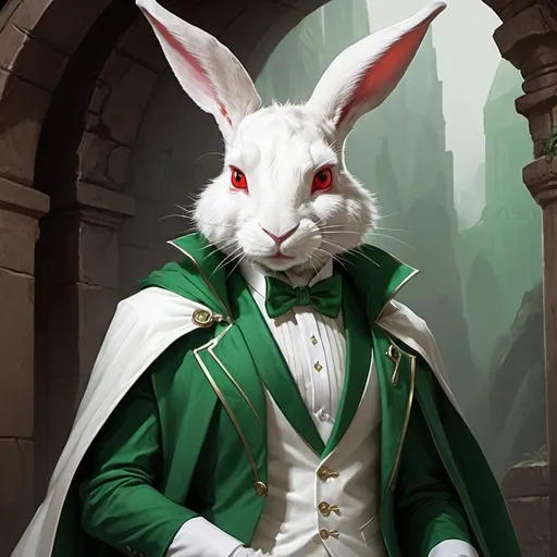 Prompt: dungeons and dragons fantasy art albino red eye jack rabbit wearing a white tuxedo and a green cloak