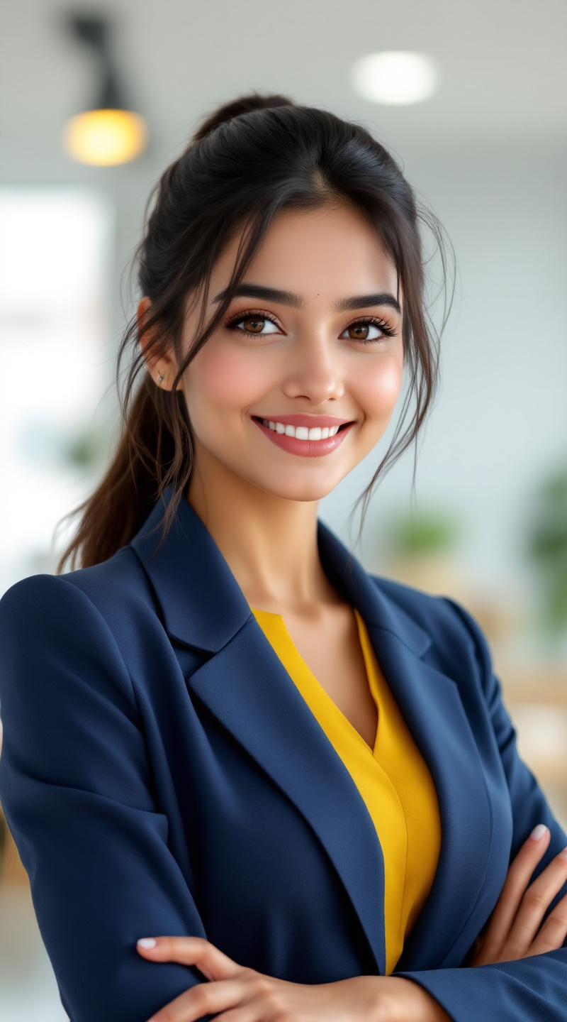 Prompt: "Create a highly realistic 3D-rendered Indian female professional, 25 years old, with a confident and approachable expression. She wears a stylish office outfit in navy blue (#09419E) with subtle yellow (#FFCB06) accents. Her hair is neatly styled in a ponytail or straight shoulder-length look. She has warm brown eyes, a natural smile, and well-groomed features. Her posture is upright and professional, exuding intelligence and warmth. The background is a clean, modern office or educational setting with soft, natural lighting for a lifelike appearance.
