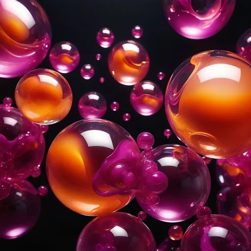 Prompt: Abstract glossy, fluid-like transparent structures and spheres, transparent magenta orange, molten glass in mid-air, dynamic, dark backdrop, highres, ultra-detailed, abstract, fluid-like, transparent, glossy, dynamic, vibrant tones, dark background, molten glass, professional lighting