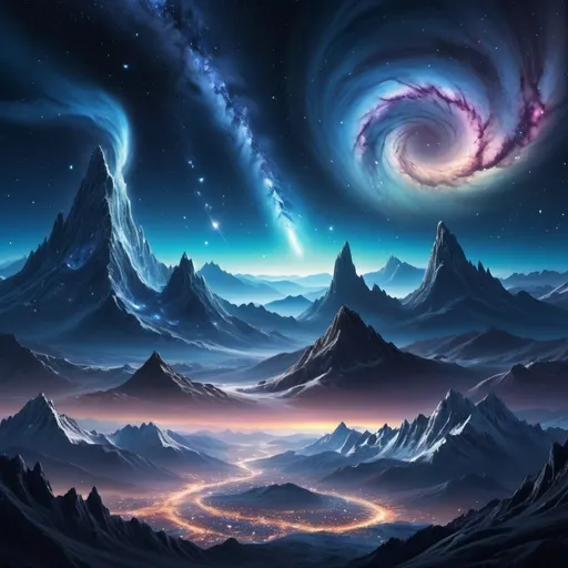 Prompt: A surreal cosmic landscape. Vibrant spiral galaxies and nebulae in a deep blue night sky with twinkling stars. Jagged snowy mountains piercing through wispy clouds below. Faint city lights along valleys and passes. Dreamy and imaginative blending of interstellar vistas with towering alien mountain ranges.