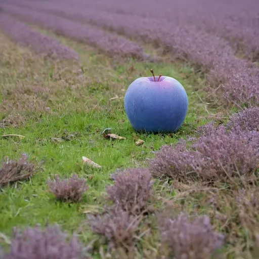 Prompt: Une pomme bleue au milieu d’un champ de blé violet 