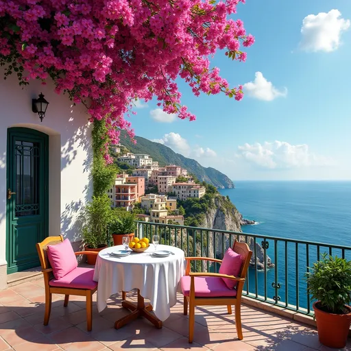 Prompt: Prompt: 

A romantic Mediterranean terrace overlooking a coastal cliffside village, with vibrant pink bougainvillea flowers cascading from above, a cozy table set for two with pink cushions and a lemon centerpiece, potted lemon trees, and a stunning view of the deep blue sea and colorful hillside houses below, under a clear, sunny sky
