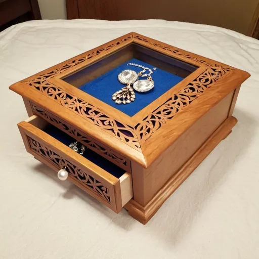 Prompt: homemade jewelry box with glass on top. the top is made of a picture frame. it has a drawer at the bottom. made of laser cut wood