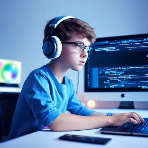 Prompt: a cute boy are coding with a desktop. He is wearing headphones. Concern more about coding

