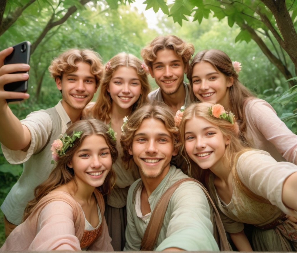 Prompt: A lively group of six young individuals smiles for a selfie, exuding joy and camaraderie in their outdoor setting. The foreground features three girls dressed in casual and traditional attire, while two boys stand behind them, one playfully making a face, and the other looking directly at the camera. The backdrop reveals a serene environment with green foliage, a simple dwelling, and a glimpse of a bicycle, suggesting a rural or semi-urban location. The soft, natural lighting captures the bright colors of their outfits—pastels and patterns—while the overall mood radiates happiness and youthful energy, encapsulating a moment of friendship.