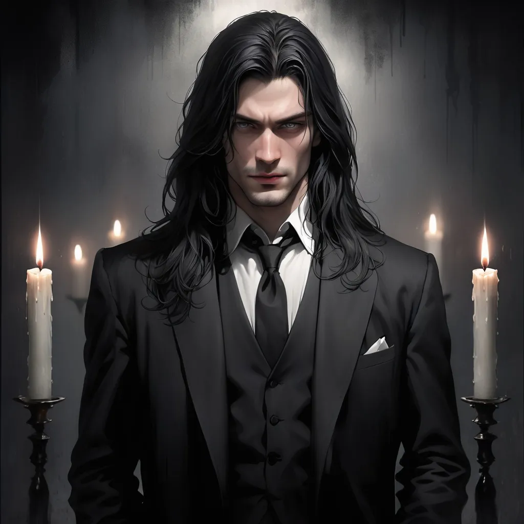 Prompt: full view, standing, full body view, layers of darkness, subtle hints of color, symbolism, hidden, atmospheric, impressionistic, film noir, candle lit background, men with black long hair, grey eyes, misterious, all clothing white