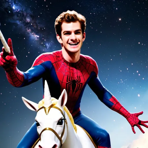 Prompt: Andrew Garfield, wearing a spiderman suit, as he rides a unicorn through a beautiful blue galaxy