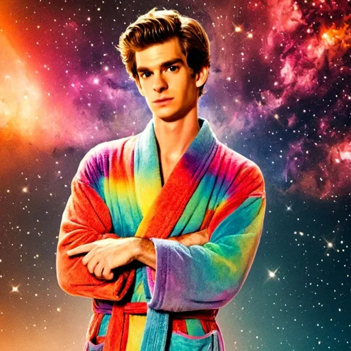 Prompt: Andrew Garfield in bathrobe riding a unicorn through space, vibrant rainbow, high quality, colorful, surreal, space-themed, detailed facial expression, luxurious bathrobe, majestic unicorn, cosmic background, professional, magical lighting, fantasy, vibrant colors