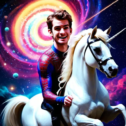 Prompt: Psychedelic digital art of Andrew Garfield wearing a spiderman suit, riding a majestic unicorn in outer space, vibrant and surreal colors, cosmic background with swirling galaxies, shimmering rainbow mane and tail, ethereal and dreamy atmosphere, high-energy and dynamic poses, surreal psychedelic, digital art, cosmic, vibrant colors, dreamy atmosphere, swirling galaxies, rainbow mane and tail, high quality, vibrant, surreal, energetic poses, outer space, dynamic, ethereal lighting