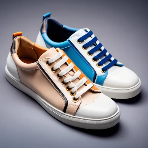 Prompt: A pair of leather sneaker with multi leather. For casual. Light colors unique. Combination of 2 or 3 colors. Collection of shoes