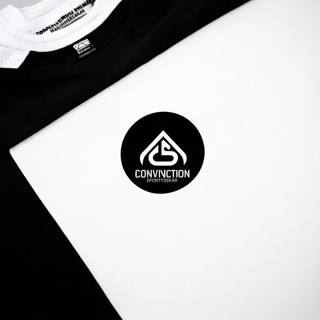 Prompt: black and white, (minimalist) round 2D logo, clean design, sleek lines, integrating athletic elements, dynamic shapes or symbols suggesting movement, modern typography for "Conviction Sportswear", high contrast for visual impact, professional aesthetic, appealing to athletes, emphasis on performance and endurance.