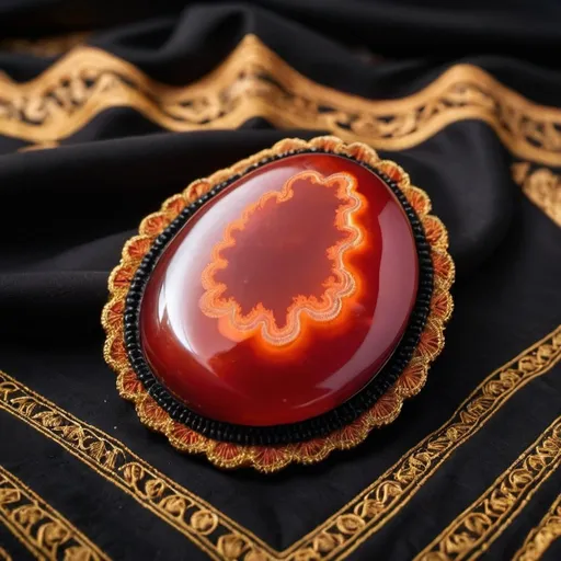 Prompt: A red polished agate, glowing with fire, sitting on a black and gold embroidered cloth.