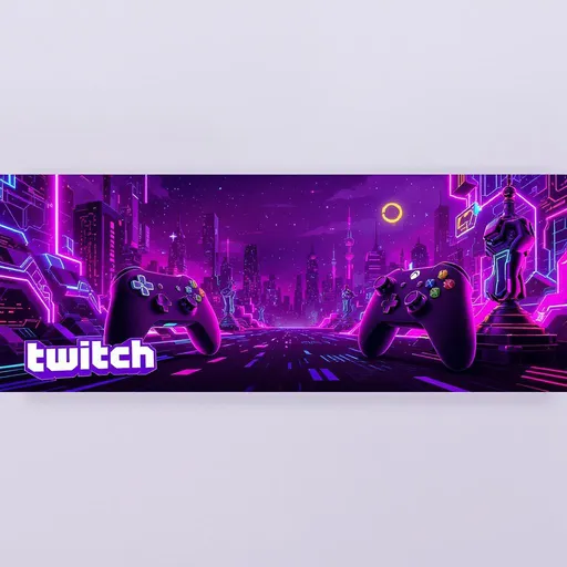 Prompt: Create a visually striking Twitch profile banner that embodies the theme of video games, precisely measuring 1200x480 pixels in size. The banner should feature a vibrant color scheme with bold, contrasting hues that evoke a sense of digital excitement. In the foreground, incorporate stylized illustrations or 3D models of iconic gaming elements, such as controllers, joysticks, or pixel art characters. The background could be a subtle gradient or a cityscape at dusk, with neon lights reflecting a futuristic ambiance. Consider adding subtle textures or patterns to give the design some depth and visual interest. The overall style should be modern, dynamic, and attention-grabbing, appealing to gamers of all ages and genres. Ensure the composition is well-balanced, leaving ample negative space to accommodate the profile information and other essential elements.