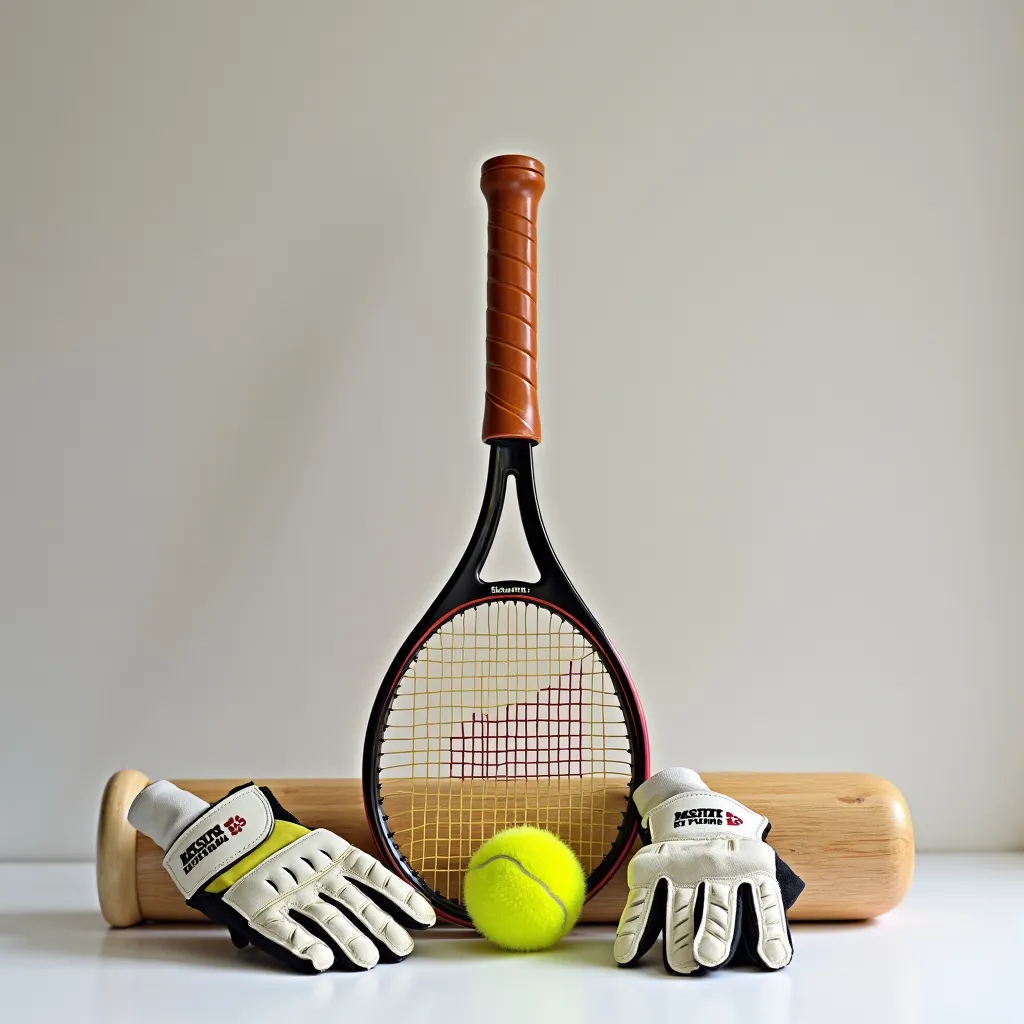 Prompt: a variety of sports items are shown here in this picture, including a racket, ball, gloves, and a bat, Andries Stock, postminimalism, athletic, a still life