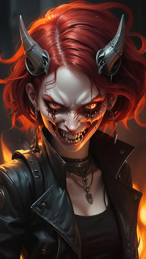 Prompt: a woman with red hair and a demon like face and mouth, with flames coming out of her mouth, Aya Goda, vanitas, official art, cyberpunk art