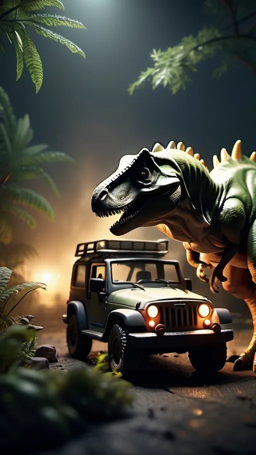 Prompt: photorealistic photograph of a miniature dinosaur park,detailed T-rex dinosaur,jeep car,miniature humans,destroyed barricade fence,dim-lit,night,wide shot,realistic lighting,octane render,cinematic composition,dramatic angles,lush foliage,intricate details,moody atmosphere,gritty realism,cinematic depth of field,volumetric fog,dramatic shadows,dynamic camera angle,cinematic color grading