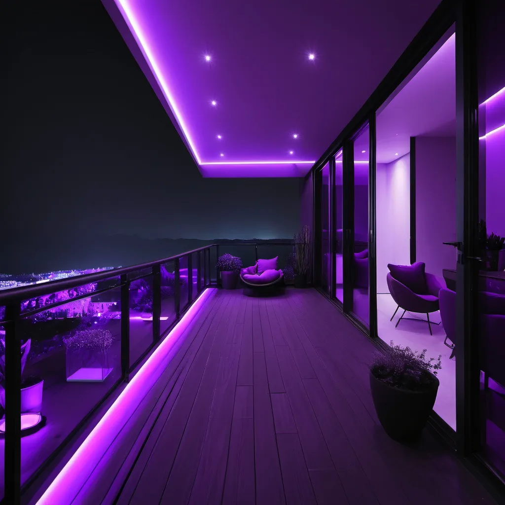 Prompt: A big dark balcony with purple led

