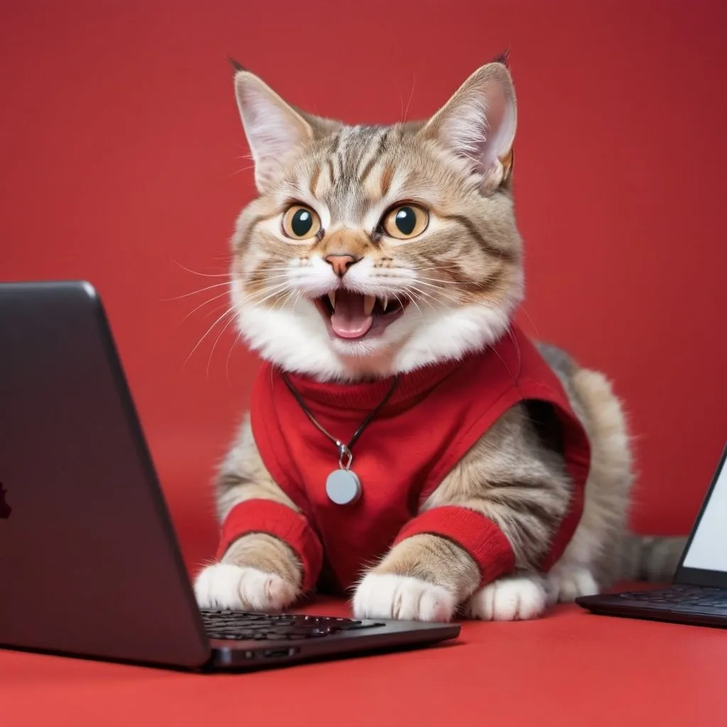 Prompt: A cat that is coding, A cat that is programming, smiling cat, red background