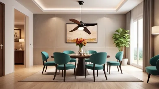 Prompt: a dining room with a table and chairs and a ceiling fan in the corner of the room with a picture on the wall, Enguerrand Quarton, photorealism, 3 d render, a digital rendering